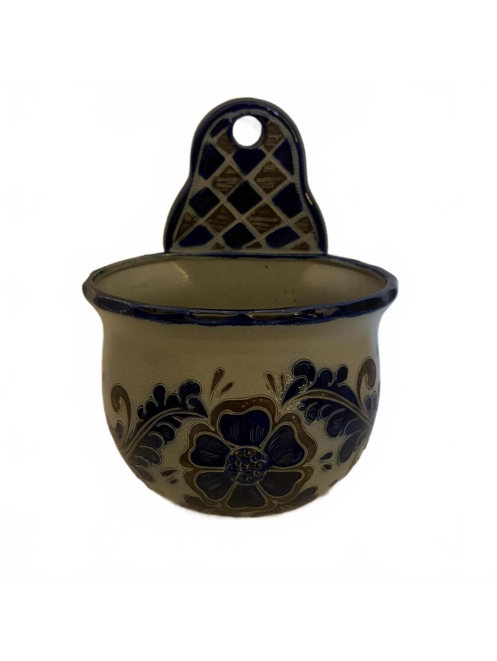 Hand-Painted PLEWA German salt-glazed Ceramic Wall Pocket Vase Blue Floral